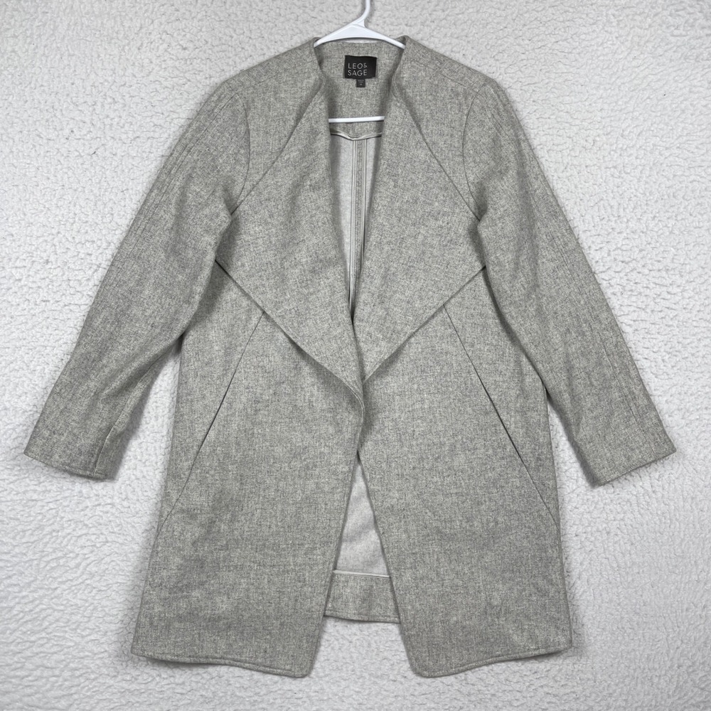 Leo & Sage Coat Womens Medium Grey Wool Draped Open Front Quiet Luxury Minimal